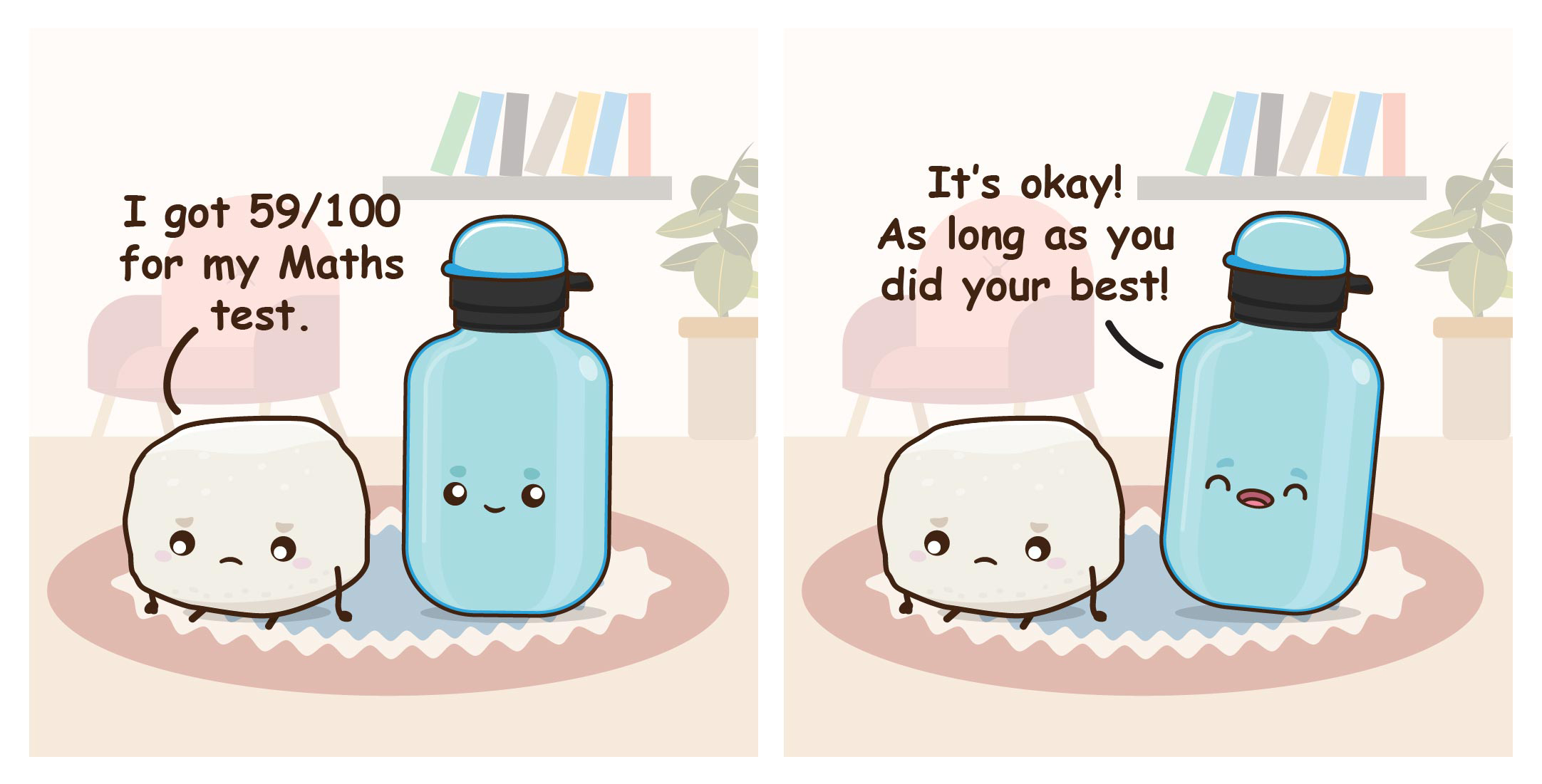 Two-panel cartoon: sad rice ball says got 59/100 in math; smiling water bottle replies, "It's okay!"